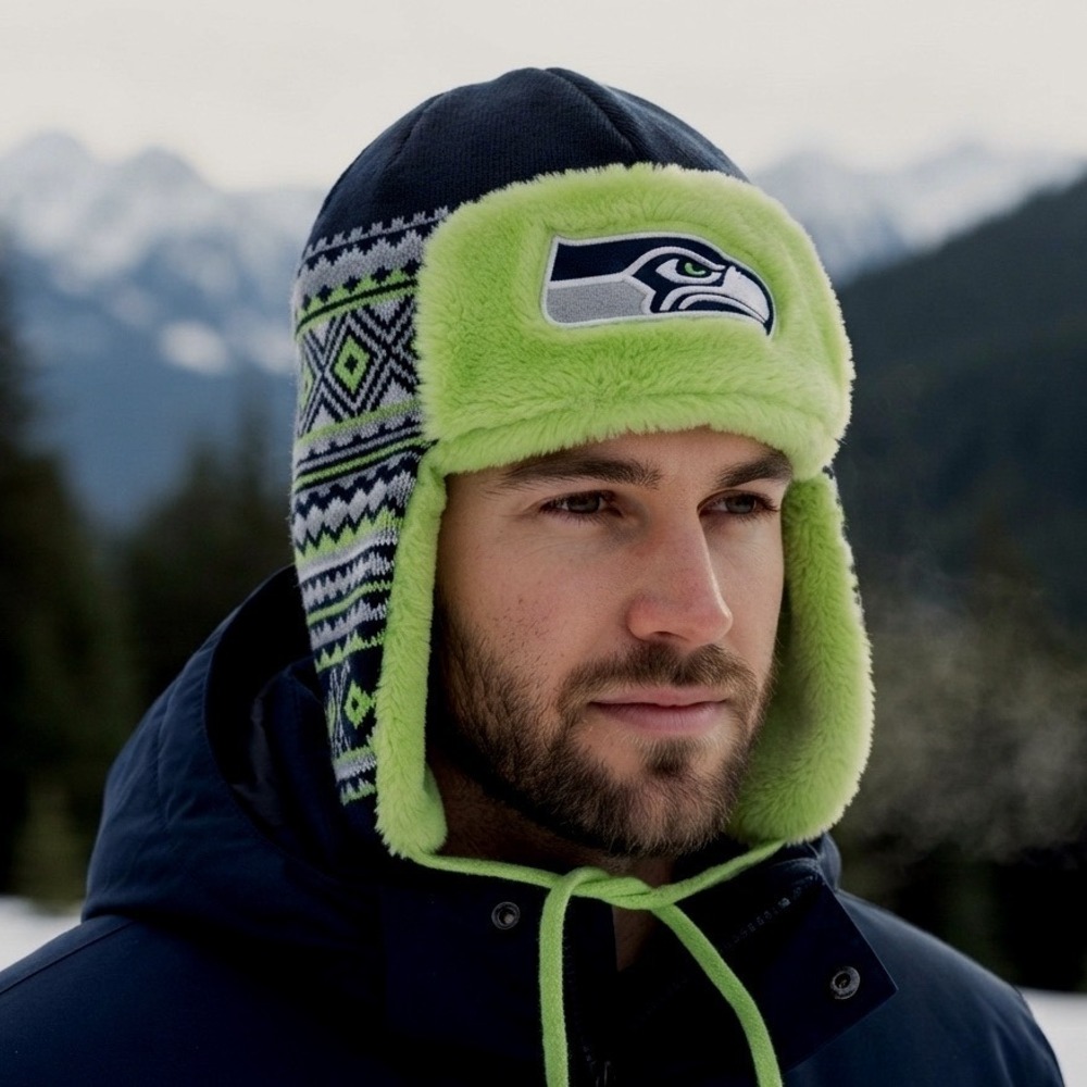 New Era Seattle Seahawks‎ Trapper Hat Faux Fur Earflap Beanie Navy Lime Green
